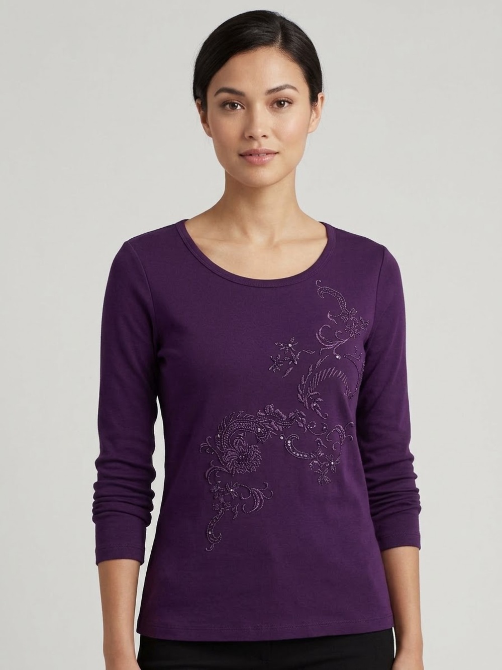 LAUREN Ralph Lauren Embroidery Floral Paisley Long Sleeve Scoop Neck Top